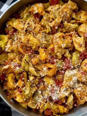 spicy tortellini in a skillet