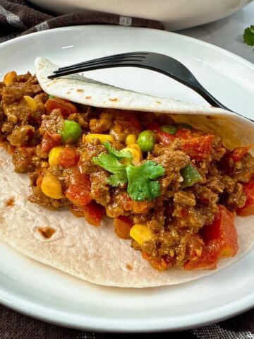 ground beef and vegetables in a tortilla on a white plate