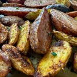 roasted fingerling potatoes on a baking sheet