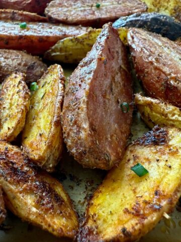 roasted fingerling potatoes on a baking sheet