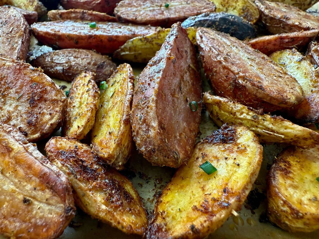 roasted fingerling potatoes on a baking sheet
