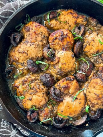 balsamic chicken and mushrooms in a cast iron skillet
