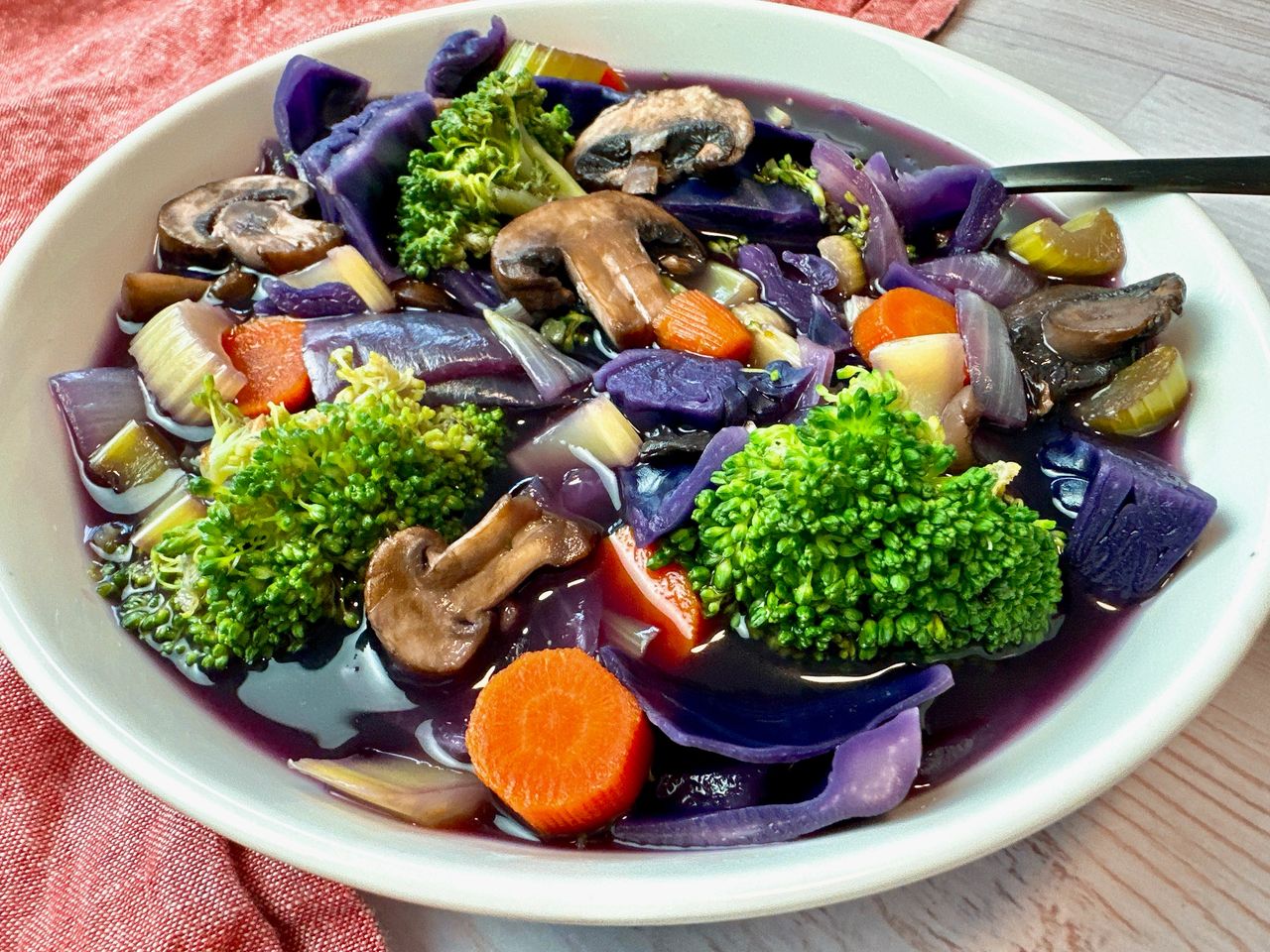 vegetable soup in a white bowl