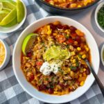 Vegetarian chili in a white bowl