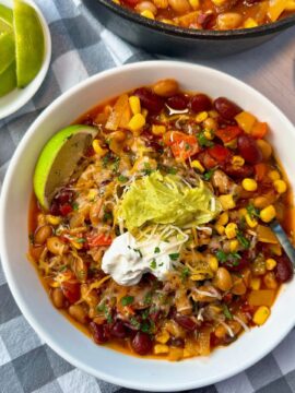 Vegetarian chili in a white bowl