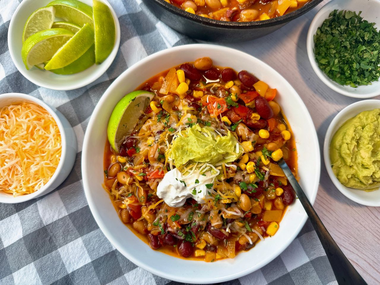 Vegetarian chili in a white bowl