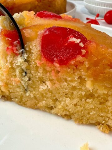 pineapple upside cake on a white plate