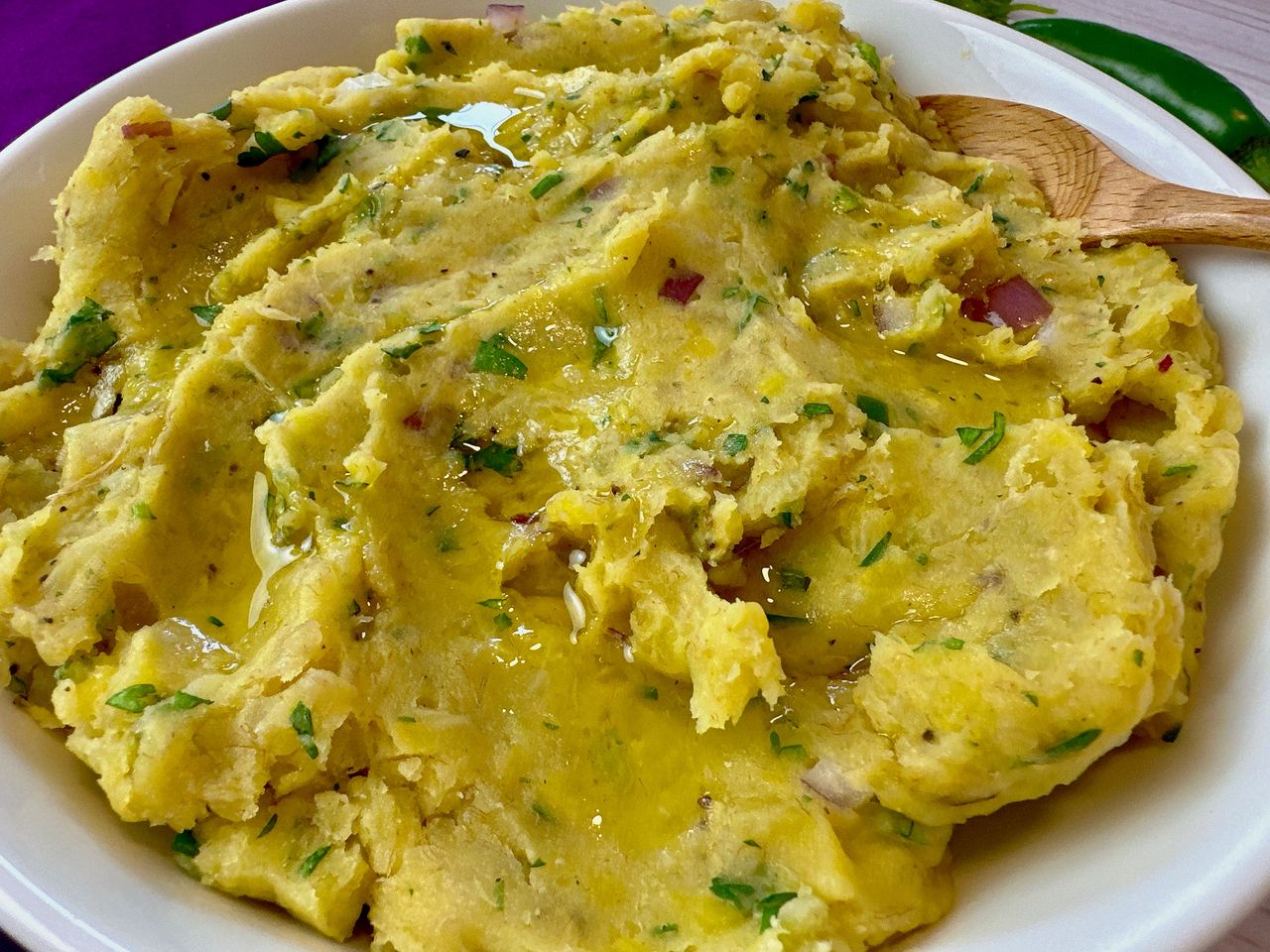 smashed plantain dip in a bowl