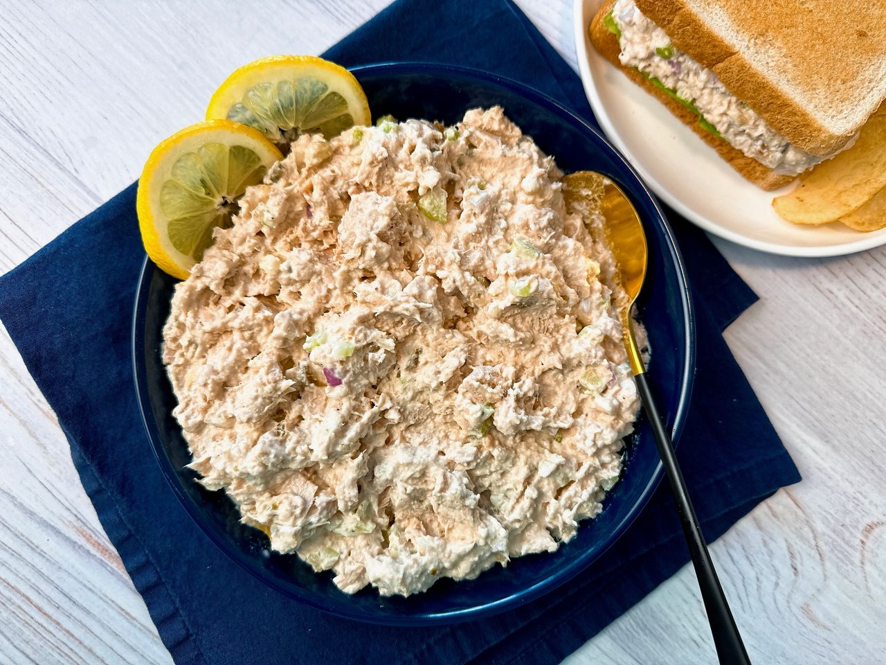 tuna salad in a blue bowl