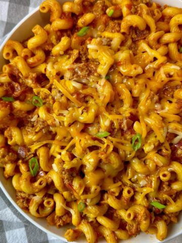 taco beef and pasta in a white bowl