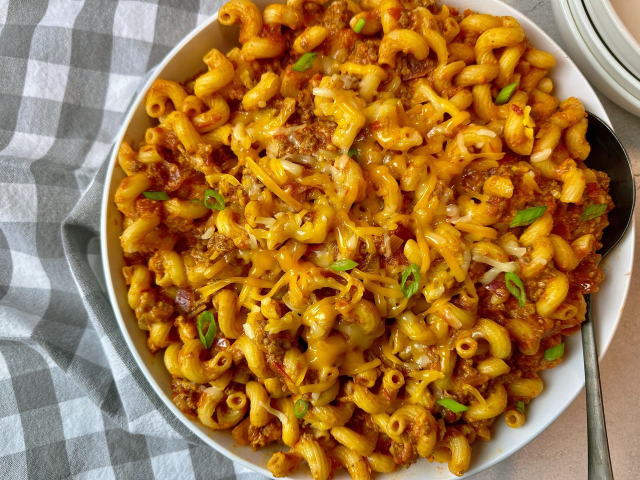 taco beef and pasta in a white bowl