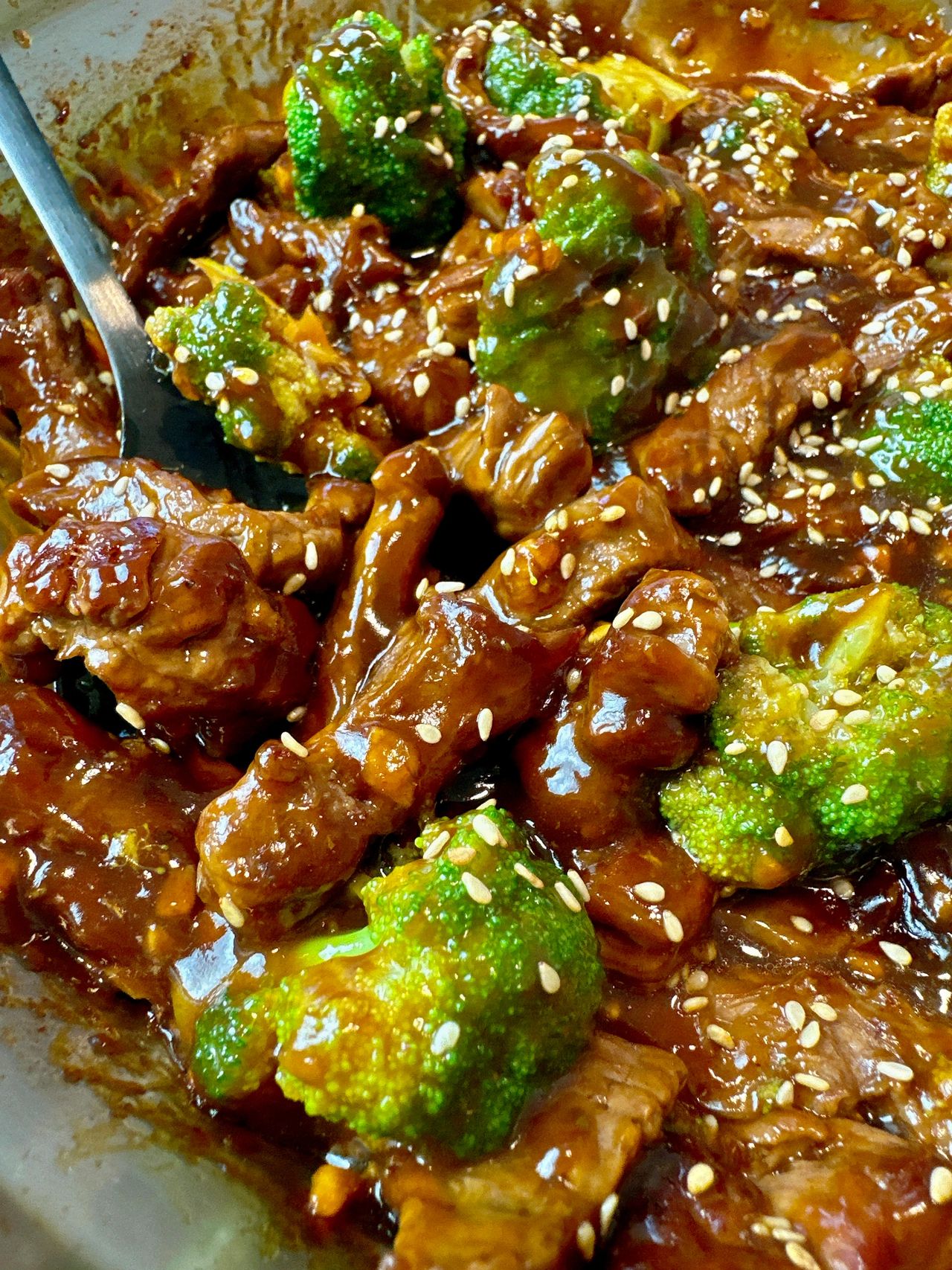 beef and broccoli in a skillet
