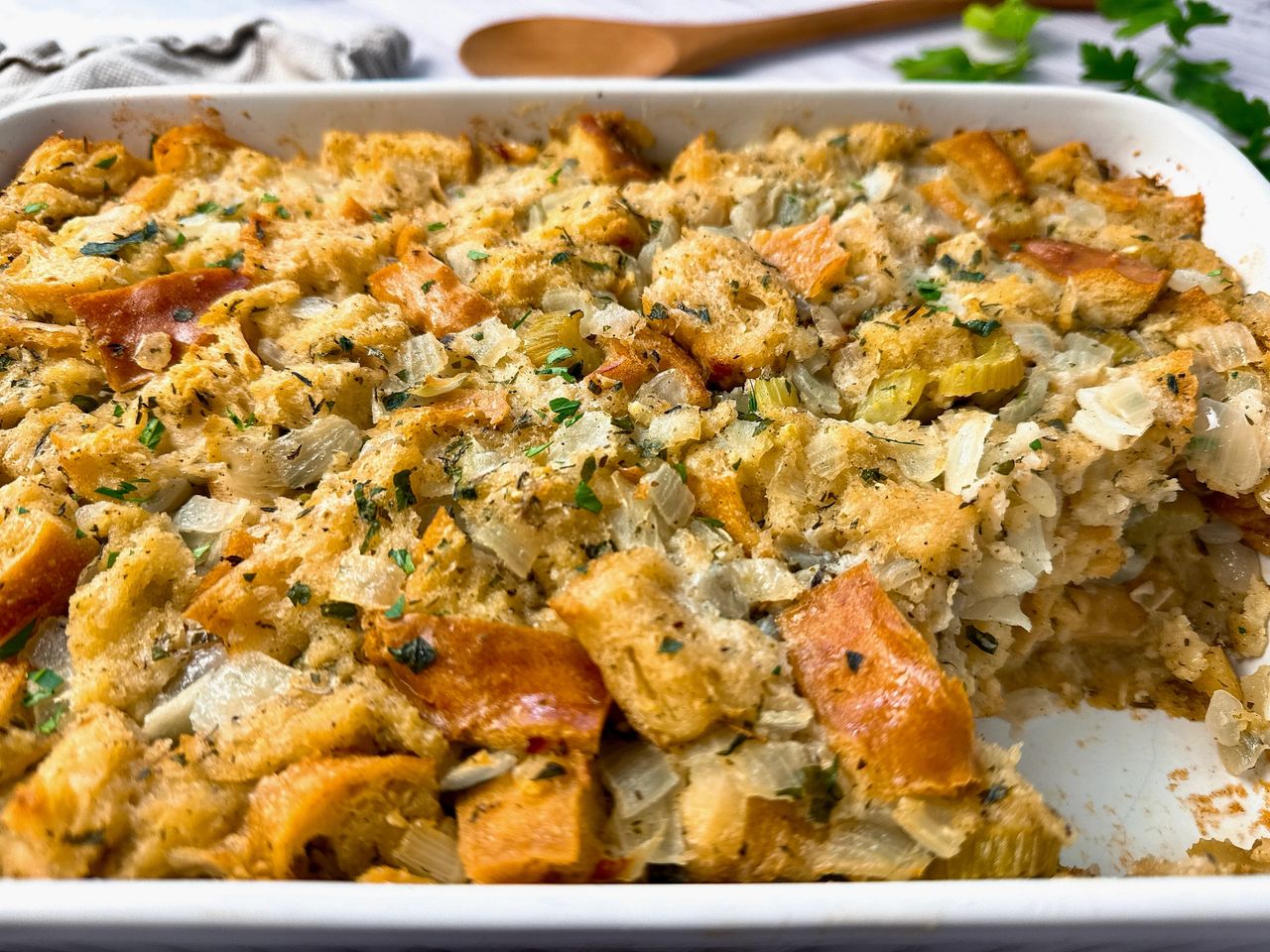 Herb Butter Stuffing in a white baking dish