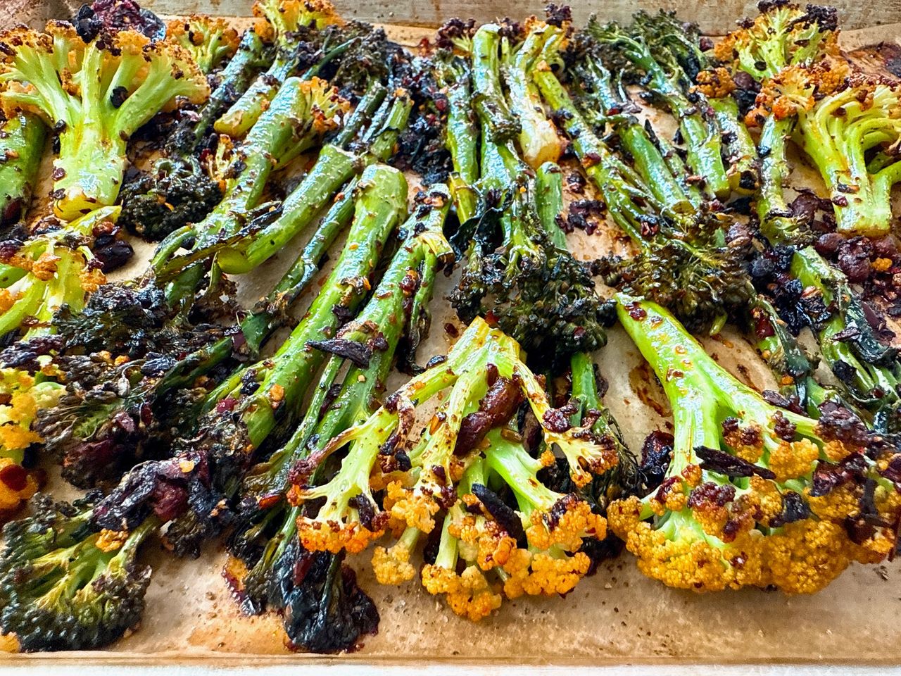 Chili Crisp Roasted Vegetables roasted broccoli and cauliflower with chili crisp
