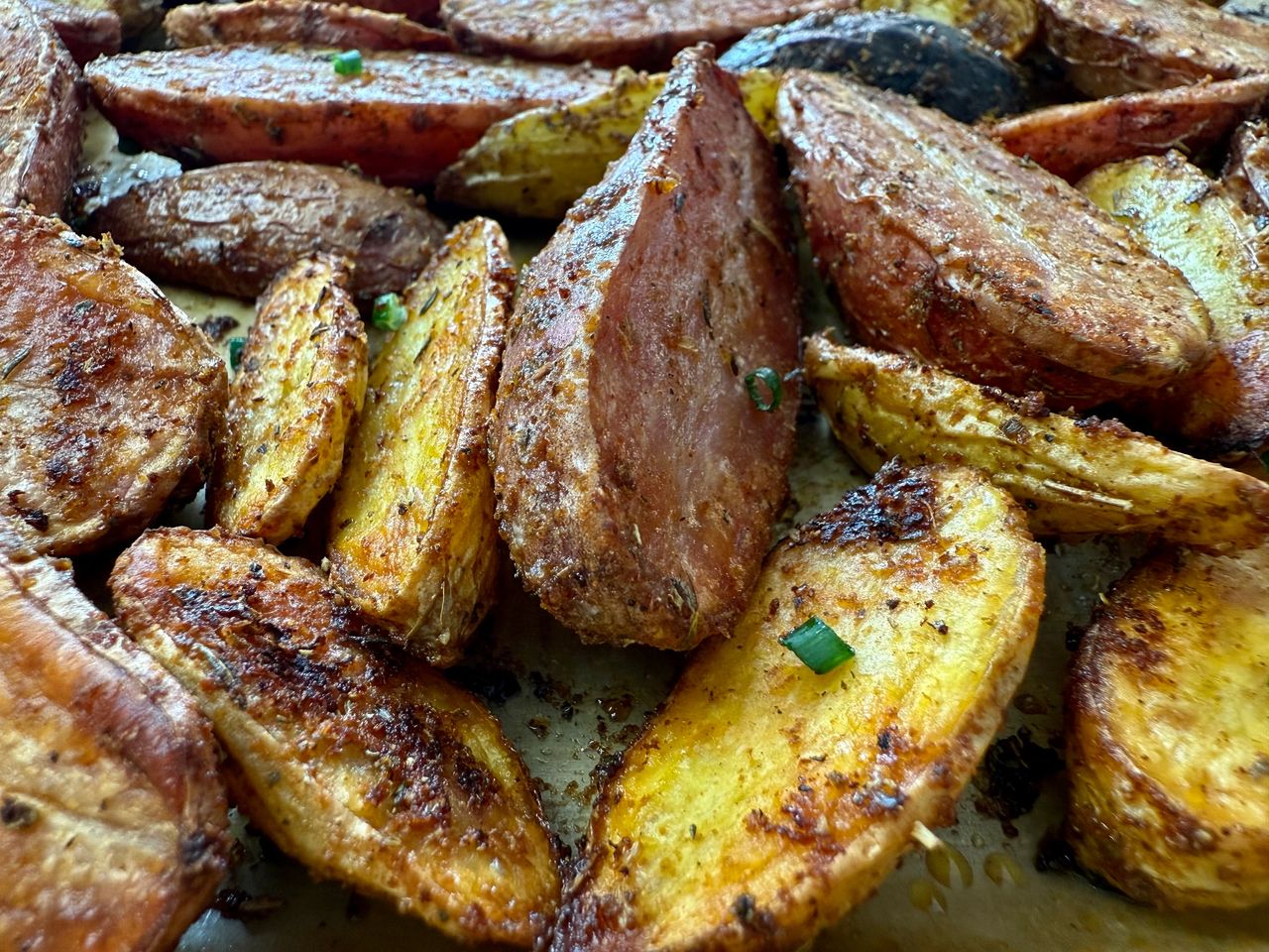 roasted fingerling potatoes on a baking sheet