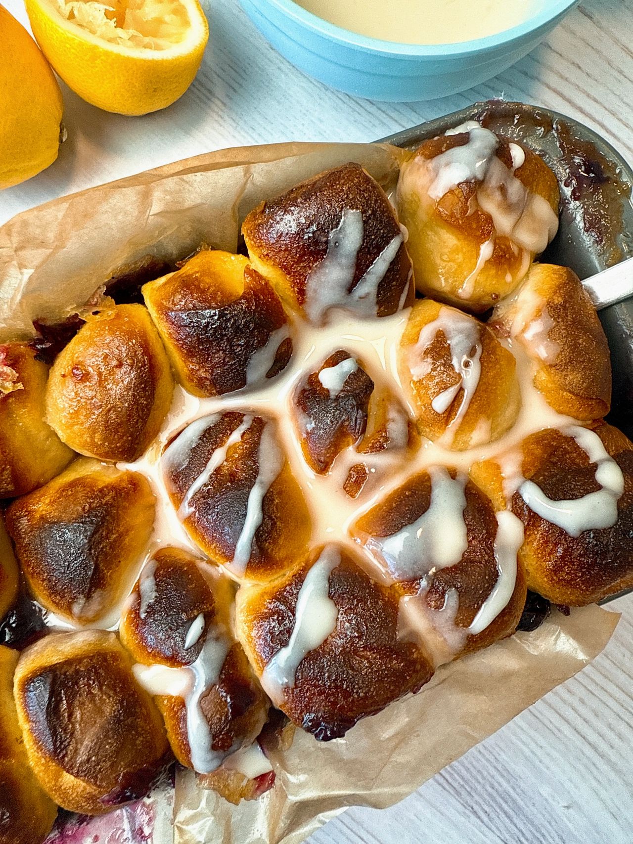 lemon blueberry pull apart bread in a loaf pan