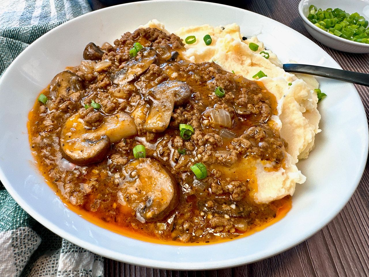 ground beef, gravy, and mashed potatoes
