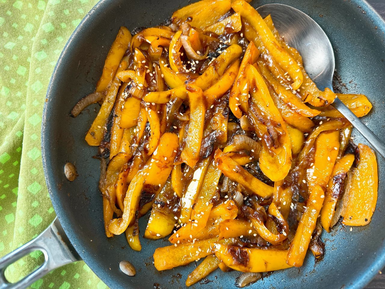 teriyaki bell peppers in a skillet