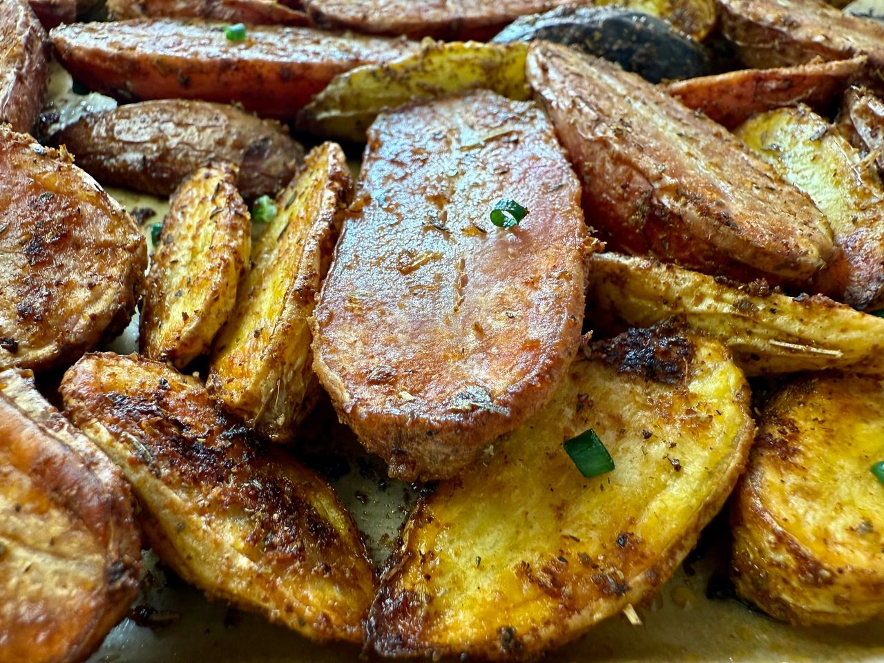 roasted fingerling potatoes on a baking sheet