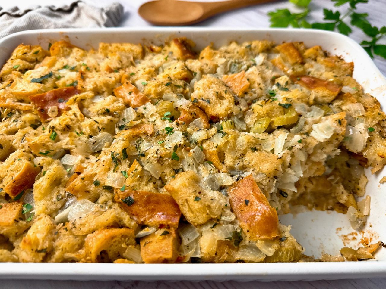 Herb Butter Stuffing in a white baking dish
