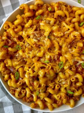 taco beef and pasta in a white bowl