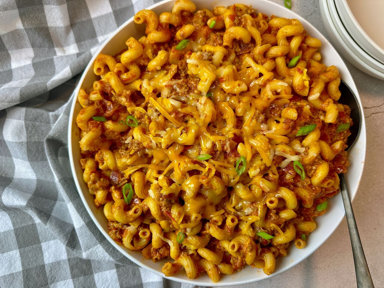 taco beef and pasta in a white bowl