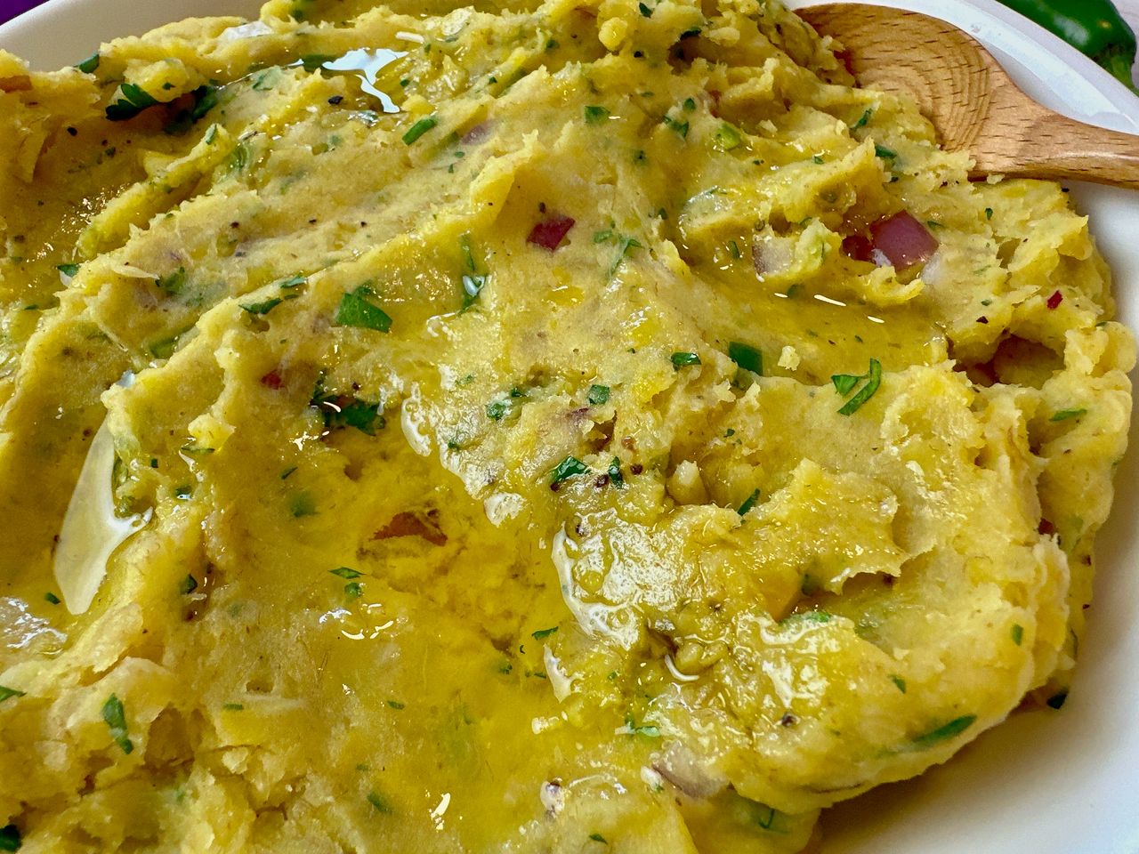 smashed plantain dip in a bowl