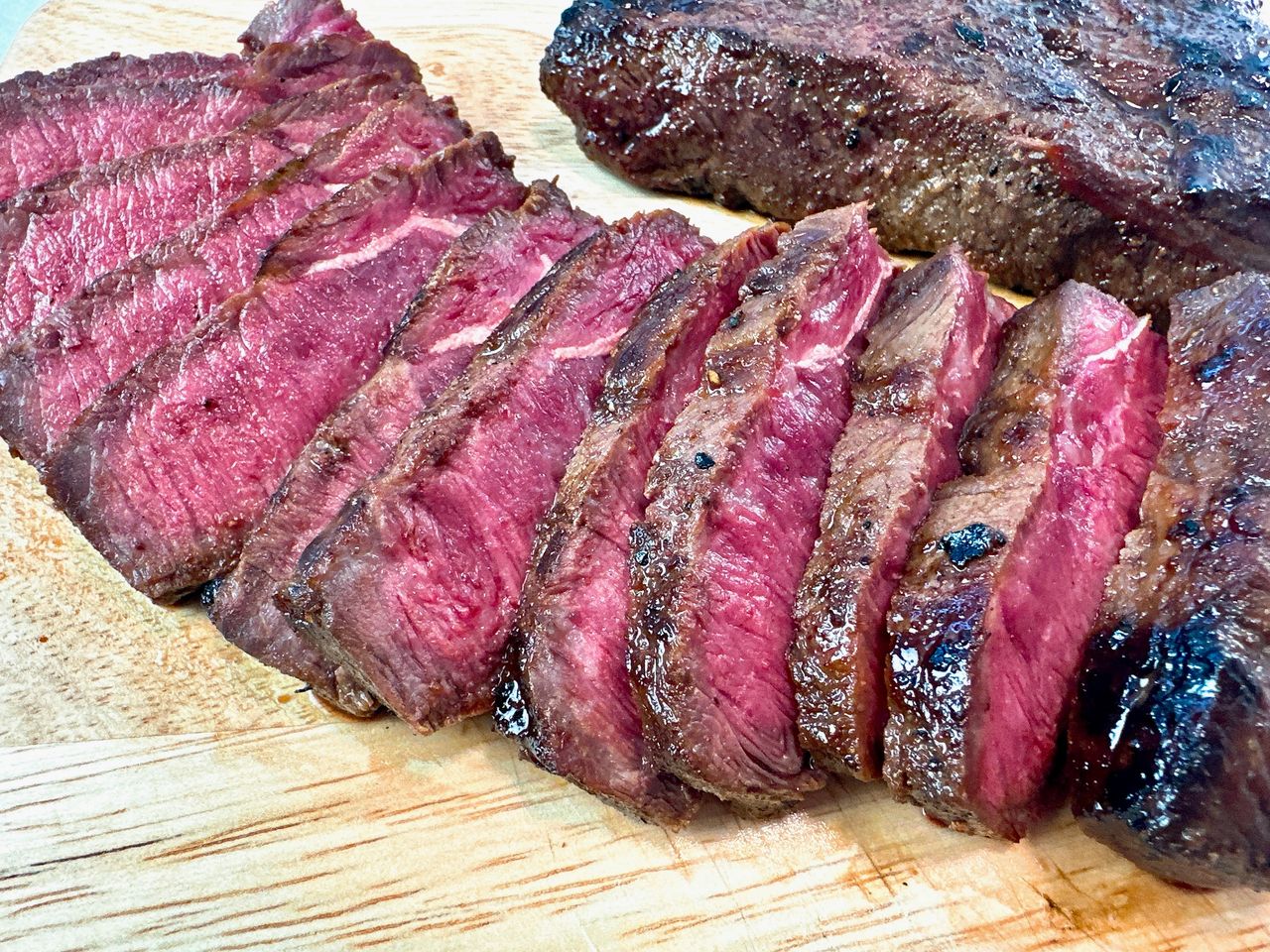 sliced steak on a cutting board