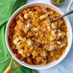 jambalaya in a white sauce pan