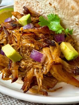 pork carnitas with avocado on a white plate