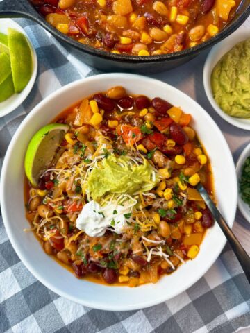 Vegetarian chili in a white bowl