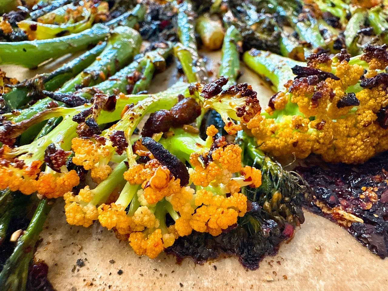 roasted broccoli and cauliflower with chili crisp