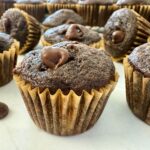 mini chocolate banana muffins on a white surface