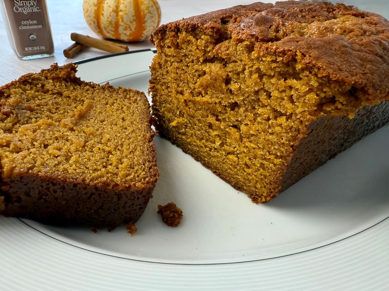 Pumpkin spice loaf on a white plate 