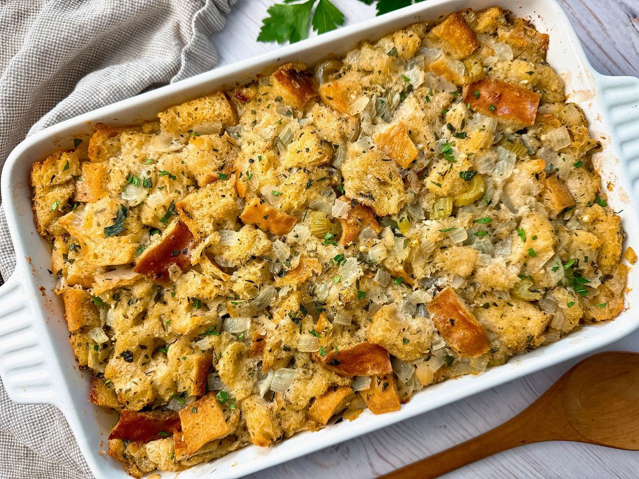 Herb Butter Stuffing in a white baking dish