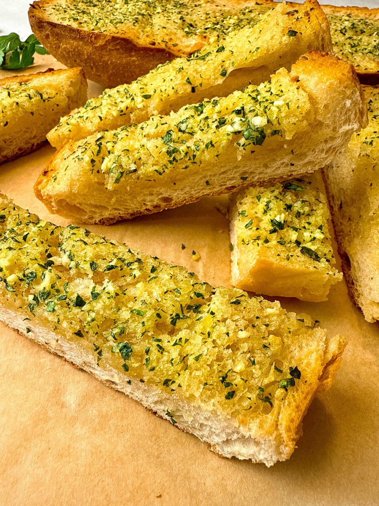 garlic bread on parchment paper