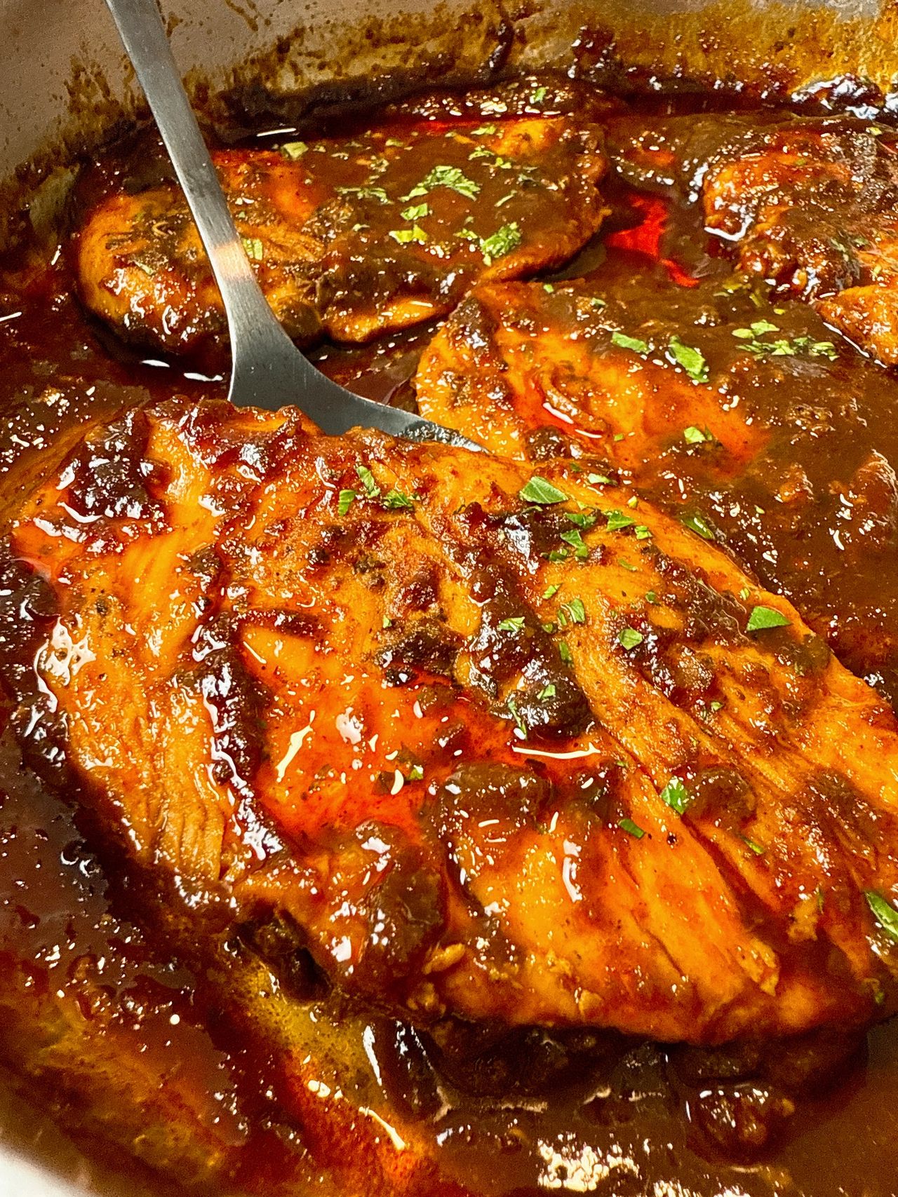 barbecue chicken in a skillet