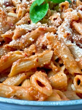 pasta in tomato cream sauce in a bowl