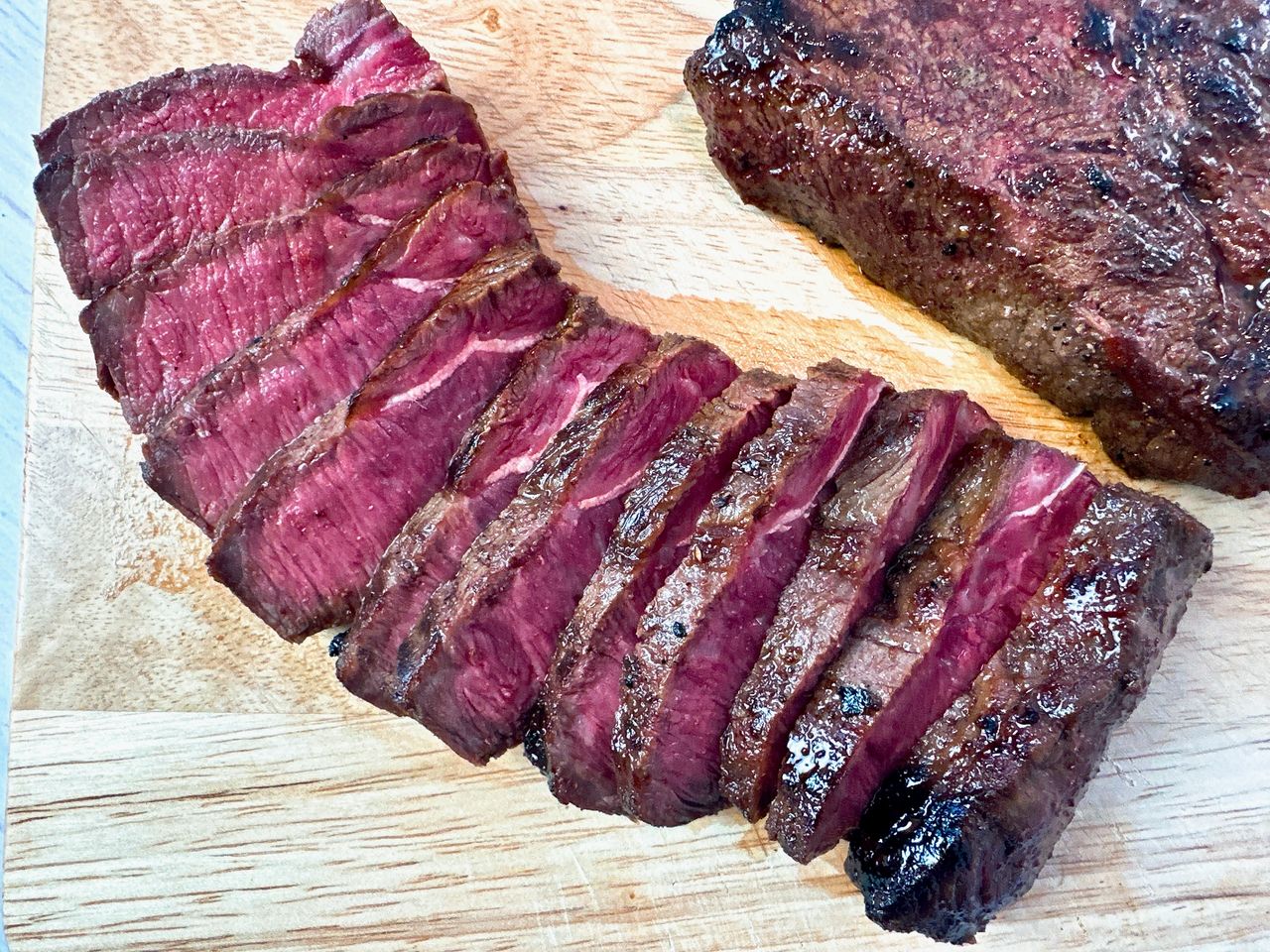 sliced steak on a cutting board