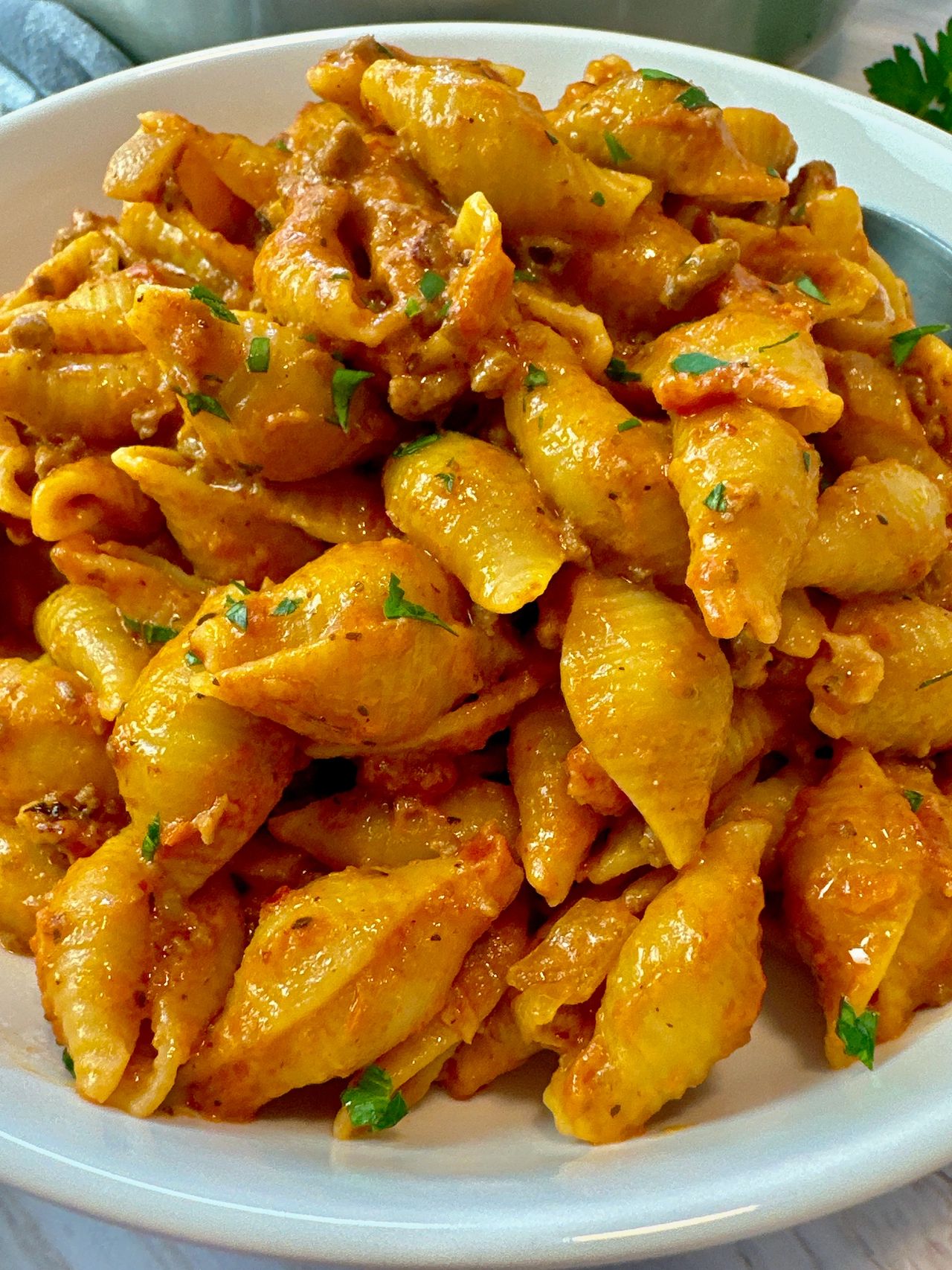 beef and pasta in a white bowl