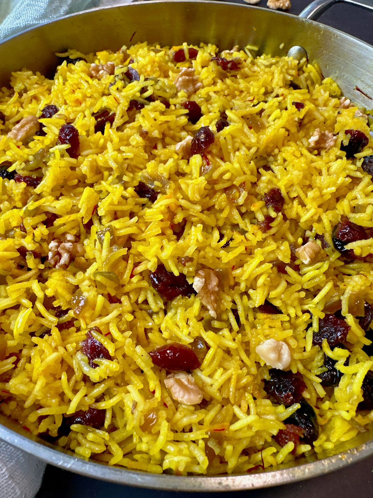 rice pilaf with cranberries in a skillet