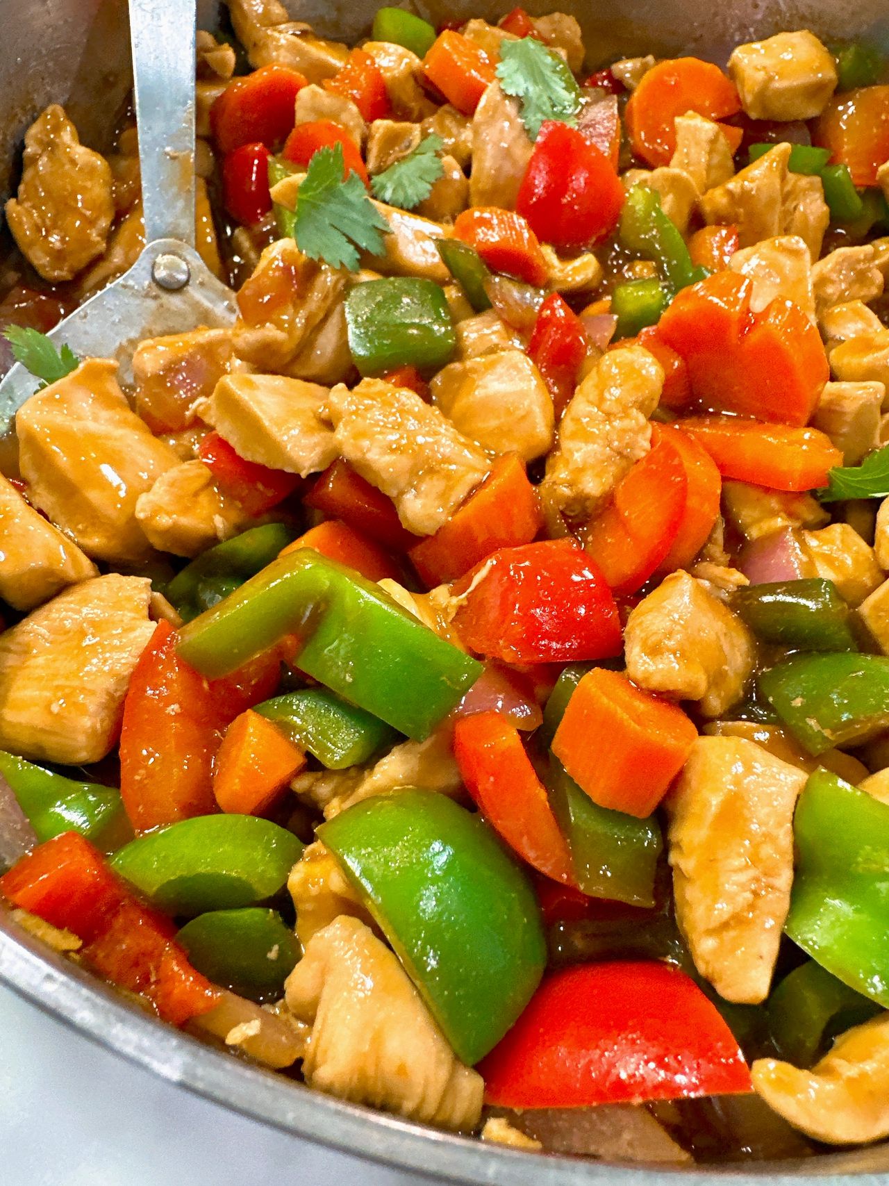 chicken stir fry in a skillet