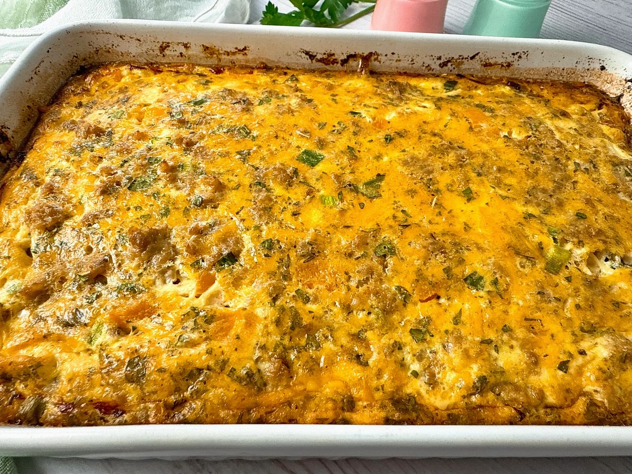 Breakfast Casserole in a white baking dish