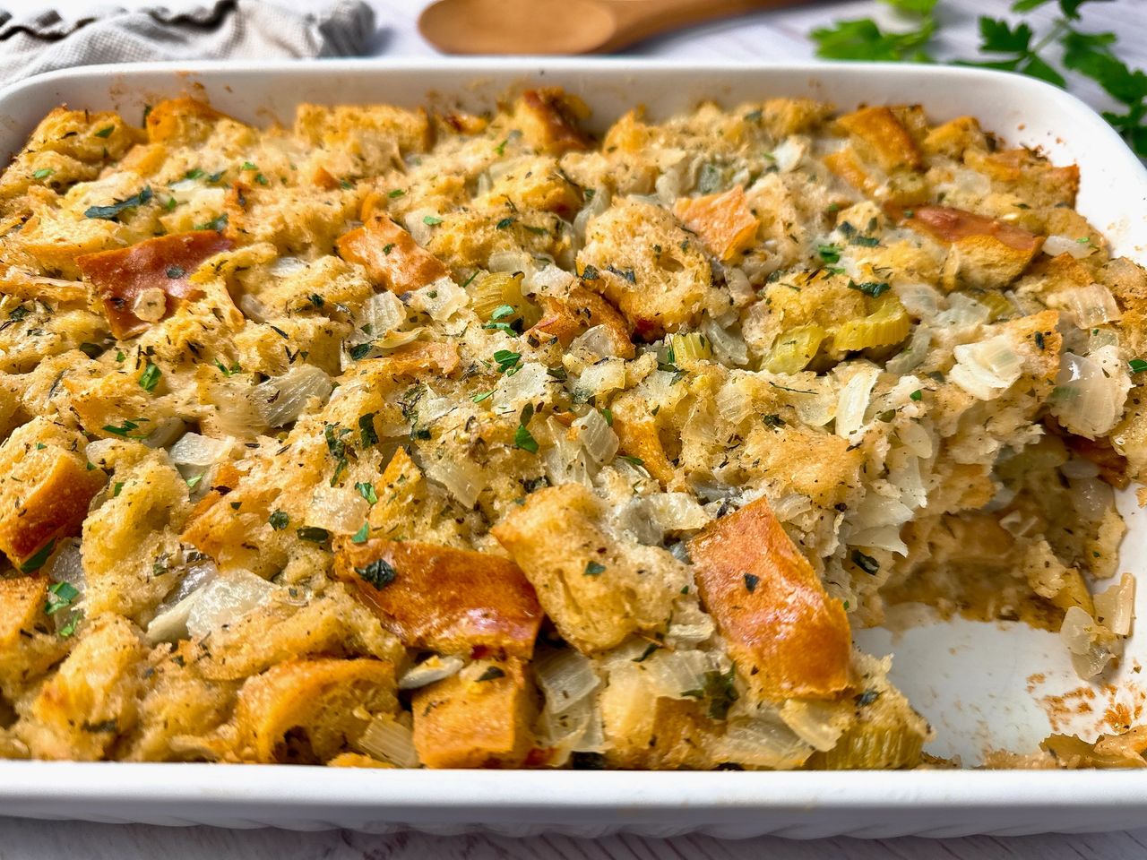 Herb Butter Stuffing in a white baking dish