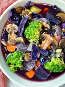 vegetable soup in a white bowl