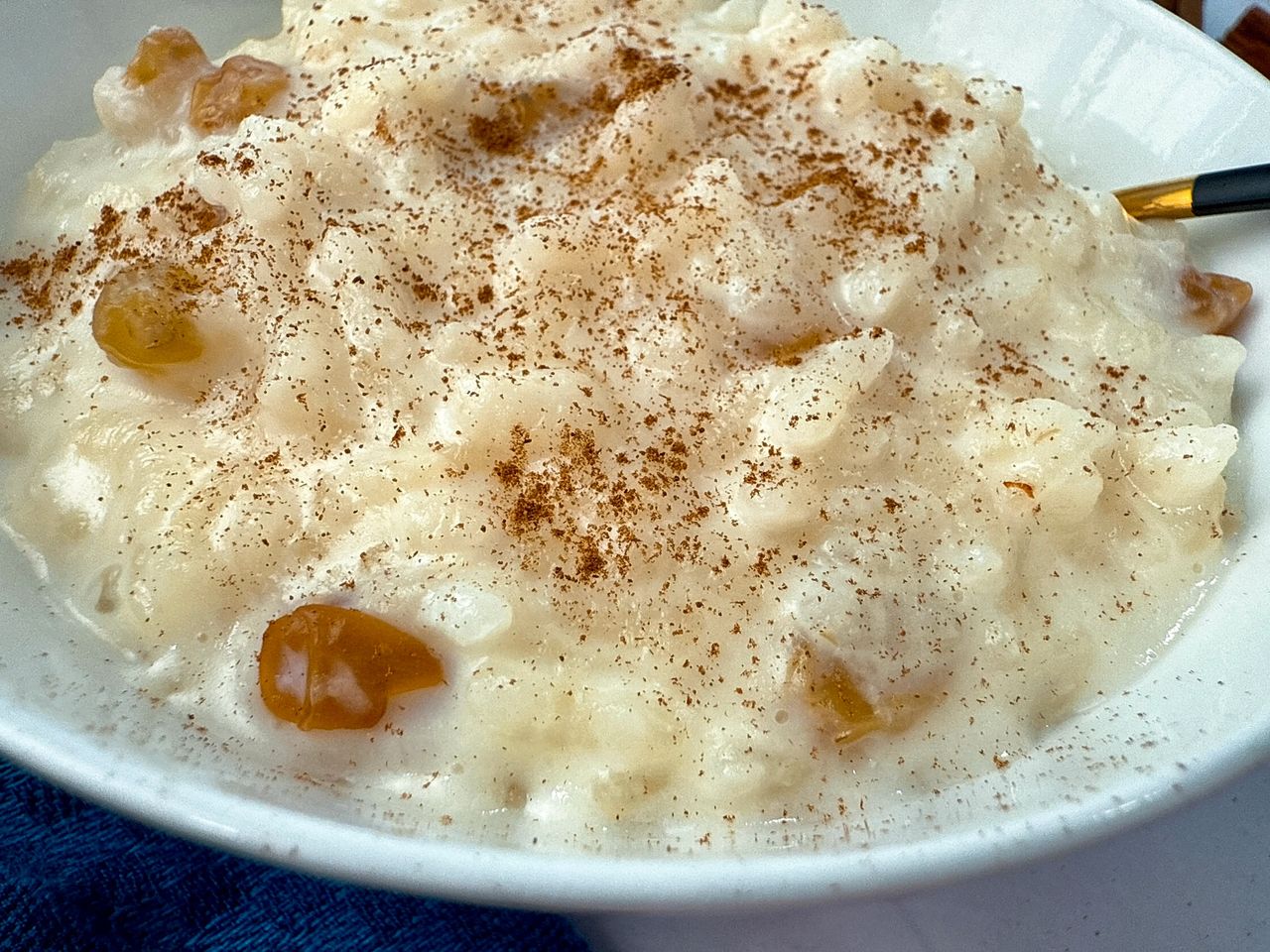 rice pudding in a white bowl with a black spoon and cinnamon sticks on the side