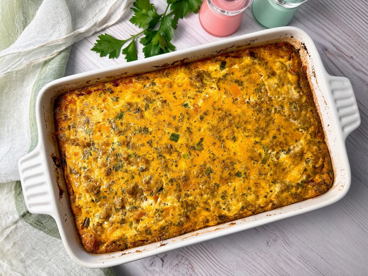 Breakfast Casserole in a white baking dish