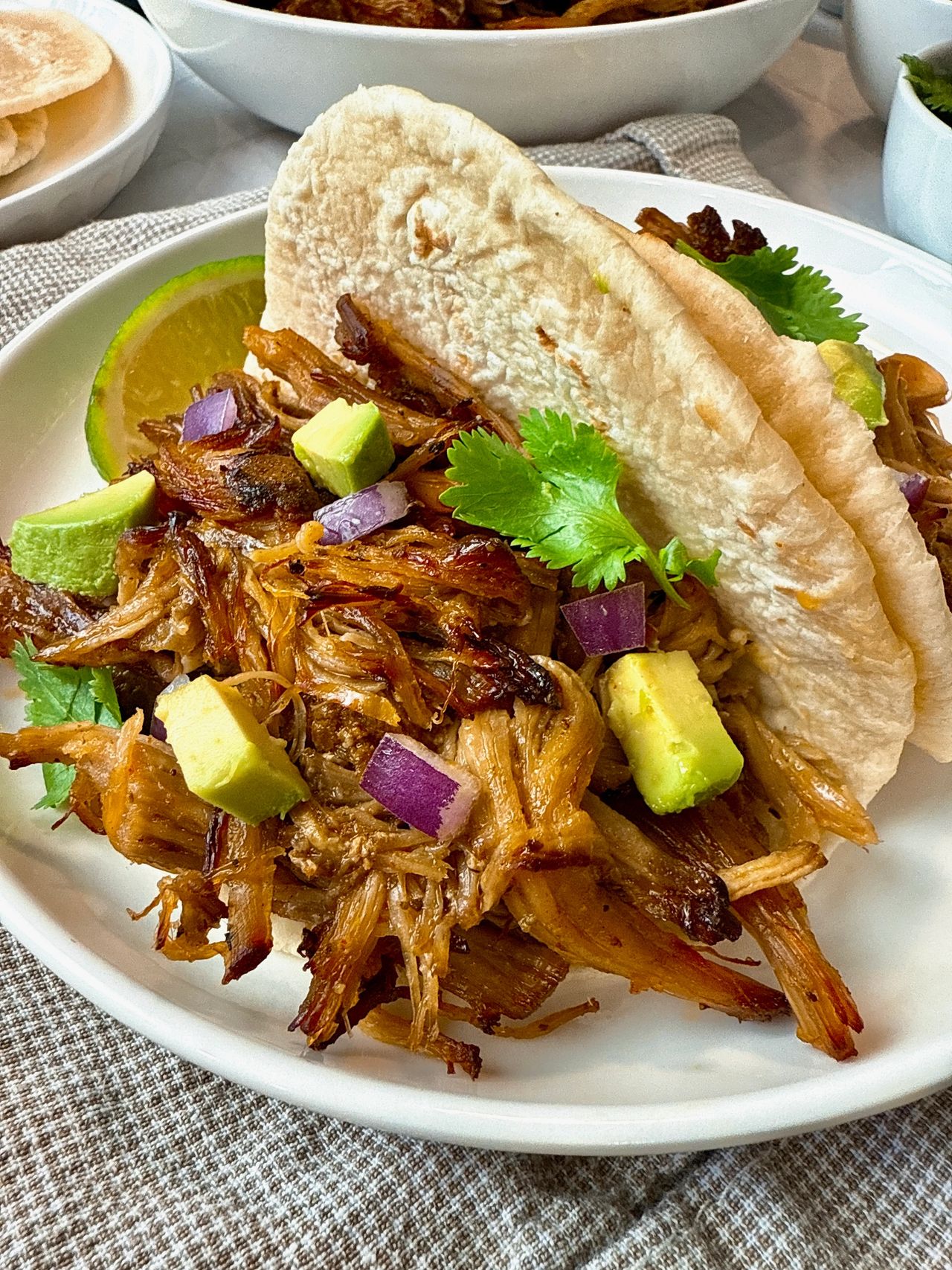 pork carnitas with avocado on a white plate
