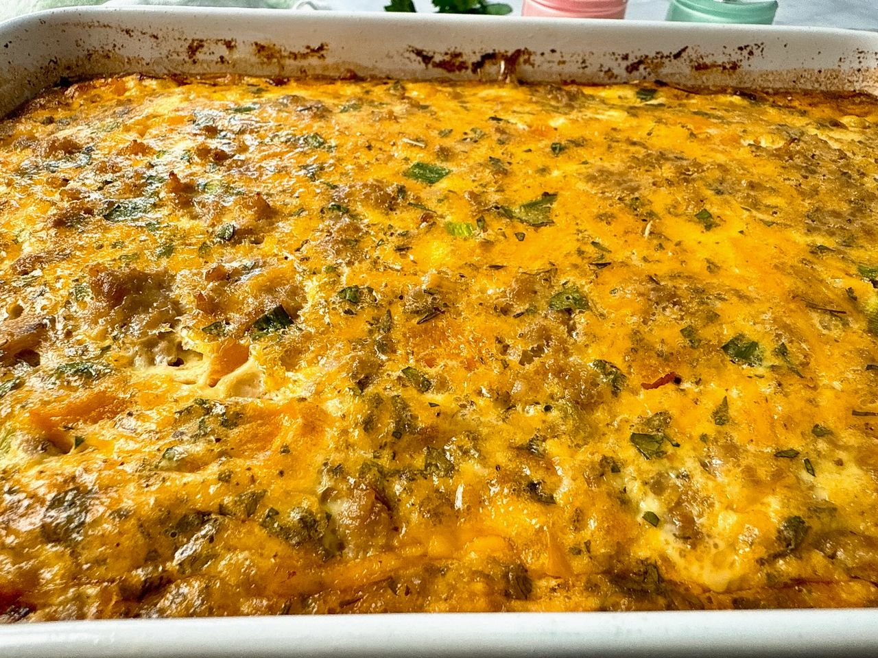 Breakfast Casserole in a white baking dish