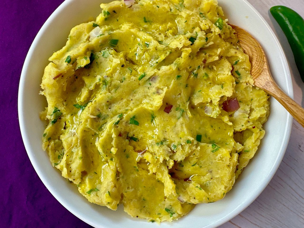 smashed plantain dip in a bowl